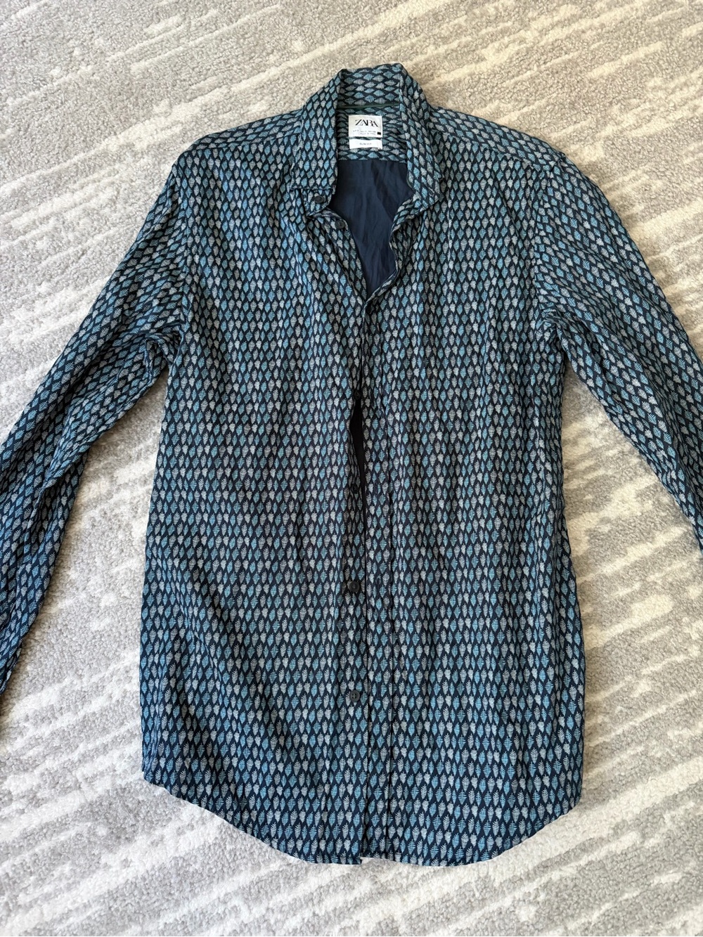 Zara Men Navy and Light Blue Patterned Shirt Jacket